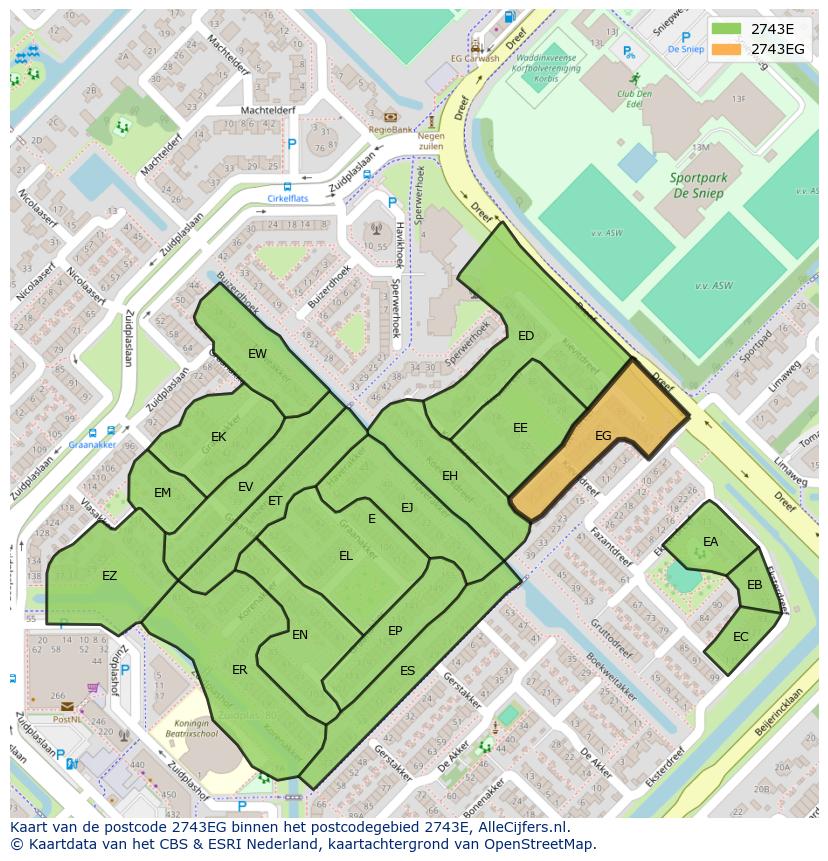 Afbeelding van het postcodegebied 2743 EG op de kaart.