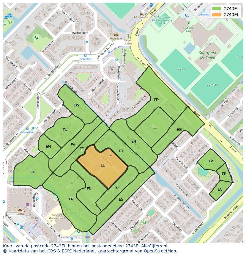 Afbeelding van het postcodegebied 2743 EL op de kaart.