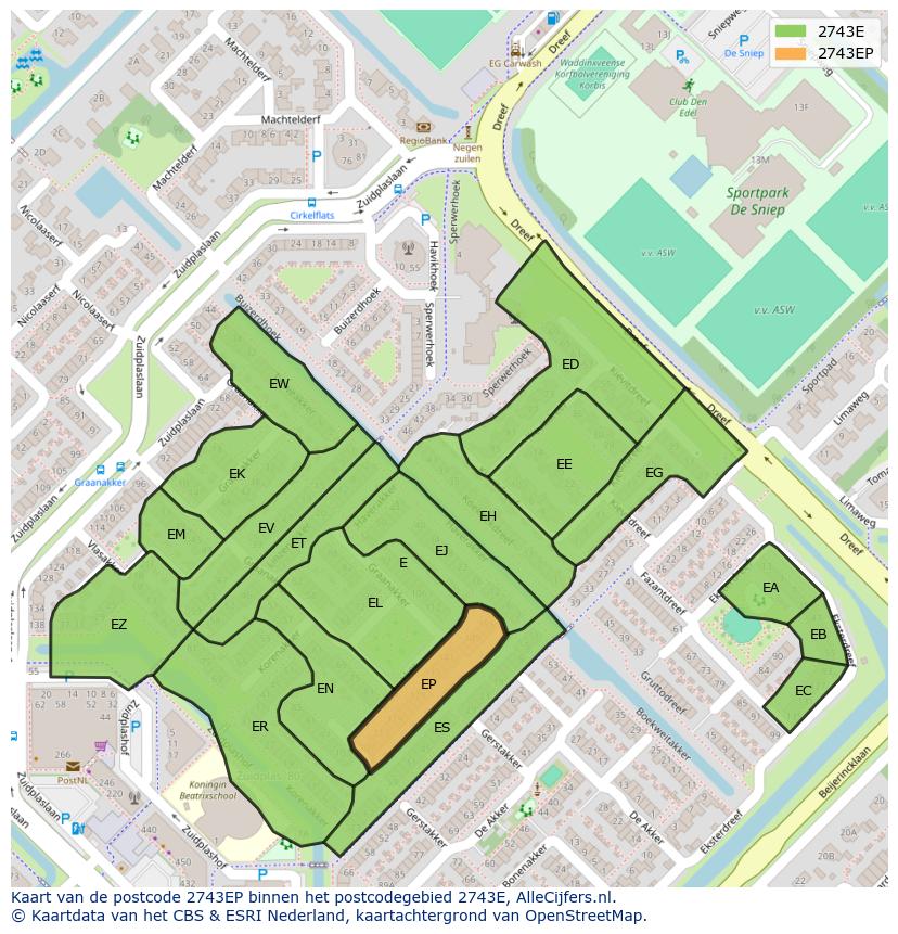 Afbeelding van het postcodegebied 2743 EP op de kaart.