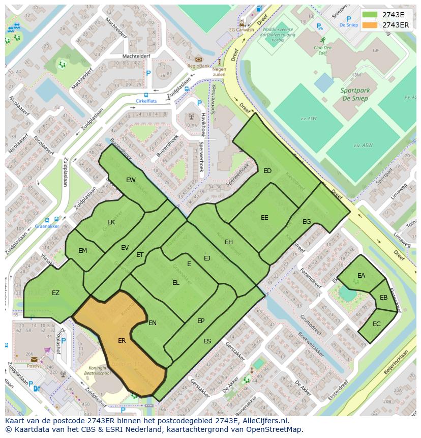 Afbeelding van het postcodegebied 2743 ER op de kaart.