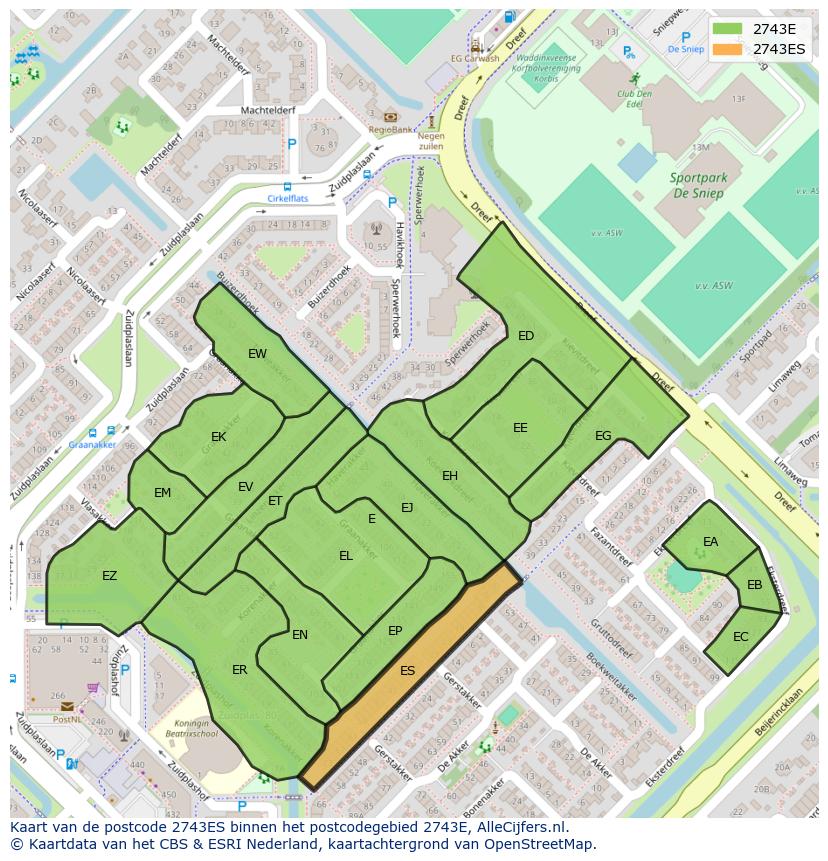 Afbeelding van het postcodegebied 2743 ES op de kaart.