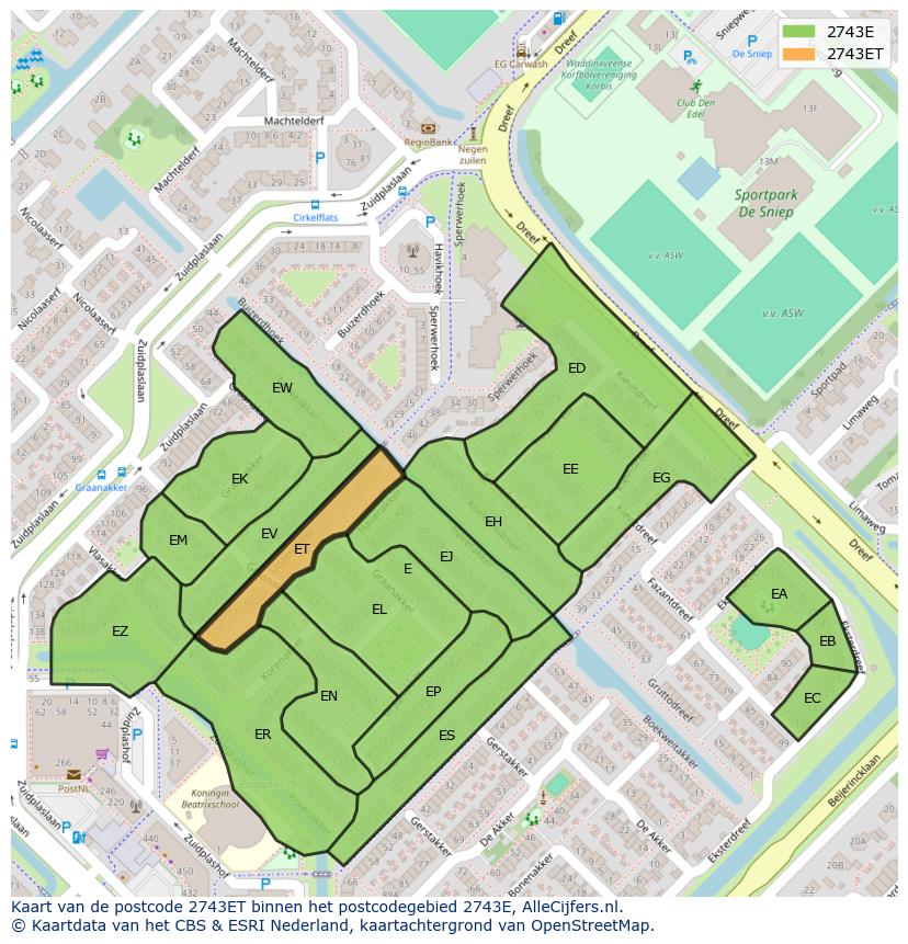Afbeelding van het postcodegebied 2743 ET op de kaart.