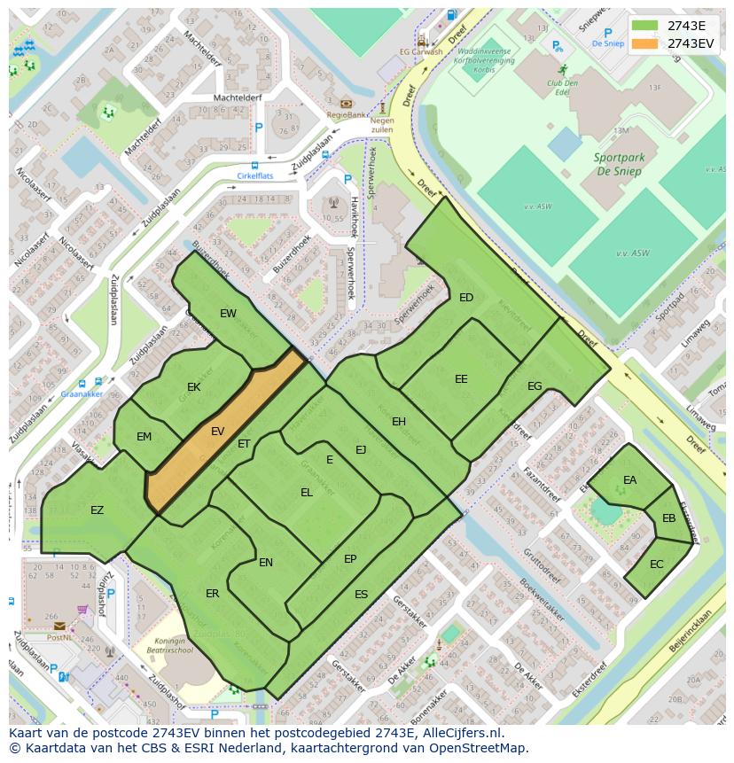 Afbeelding van het postcodegebied 2743 EV op de kaart.