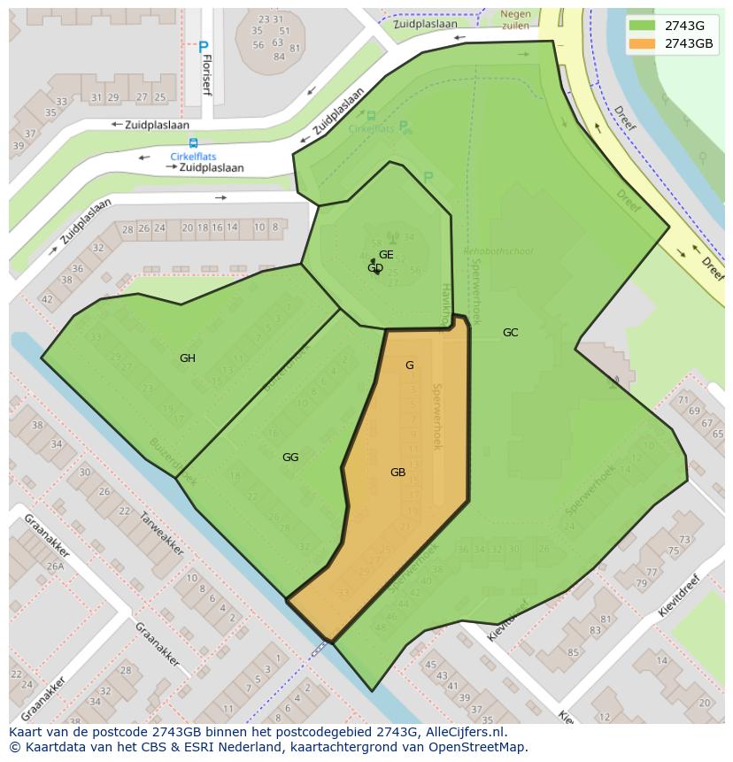 Afbeelding van het postcodegebied 2743 GB op de kaart.