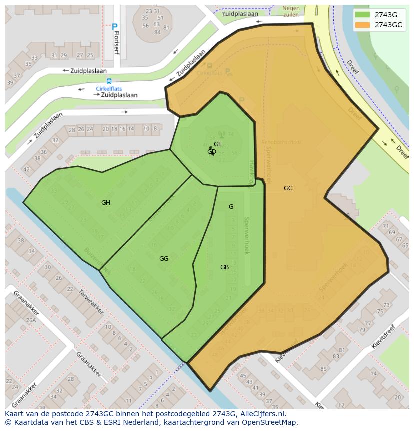 Afbeelding van het postcodegebied 2743 GC op de kaart.