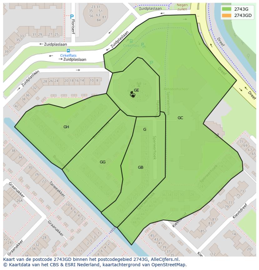Afbeelding van het postcodegebied 2743 GD op de kaart.