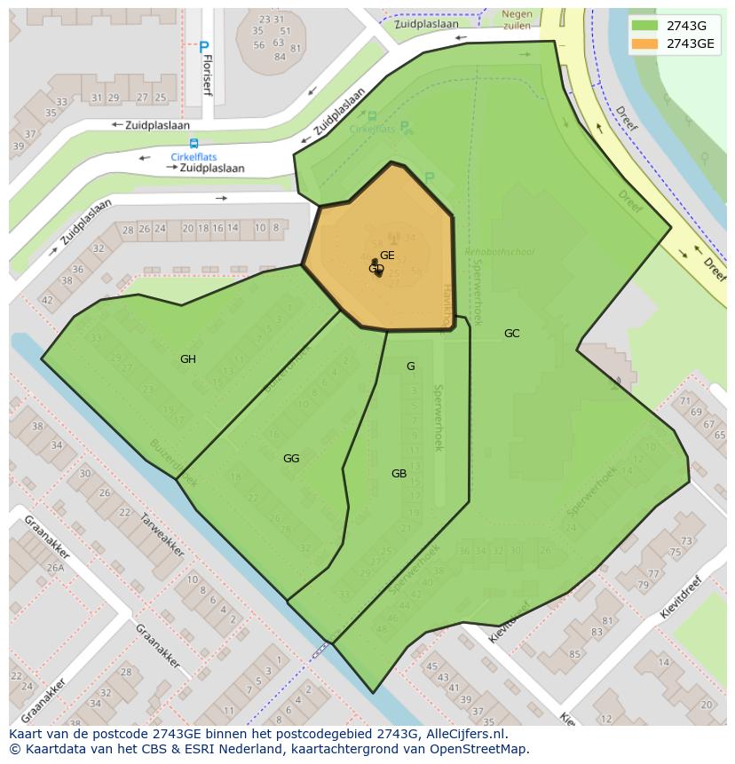 Afbeelding van het postcodegebied 2743 GE op de kaart.