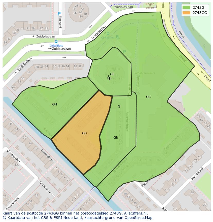 Afbeelding van het postcodegebied 2743 GG op de kaart.