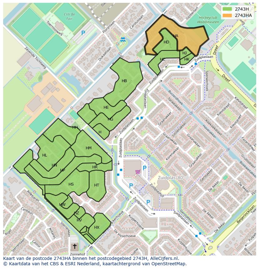 Afbeelding van het postcodegebied 2743 HA op de kaart.
