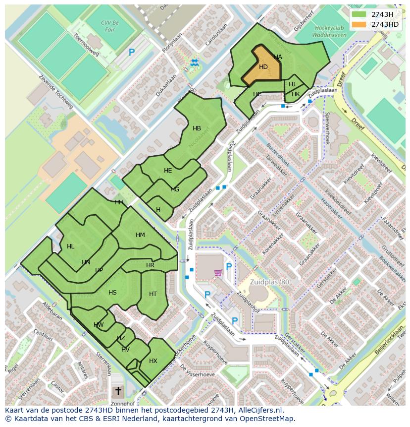 Afbeelding van het postcodegebied 2743 HD op de kaart.
