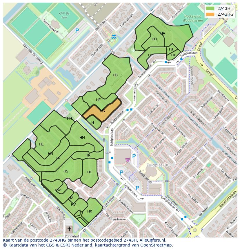 Afbeelding van het postcodegebied 2743 HG op de kaart.