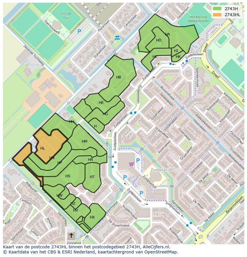 Afbeelding van het postcodegebied 2743 HL op de kaart.