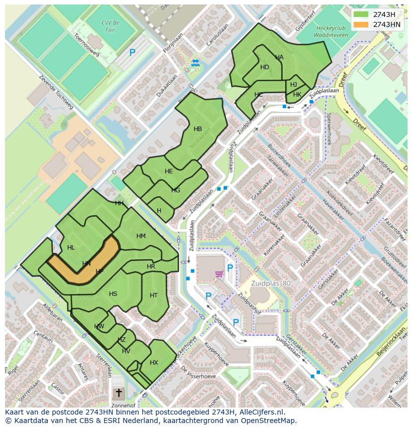 Afbeelding van het postcodegebied 2743 HN op de kaart.