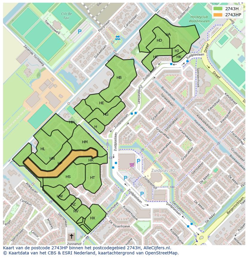 Afbeelding van het postcodegebied 2743 HP op de kaart.