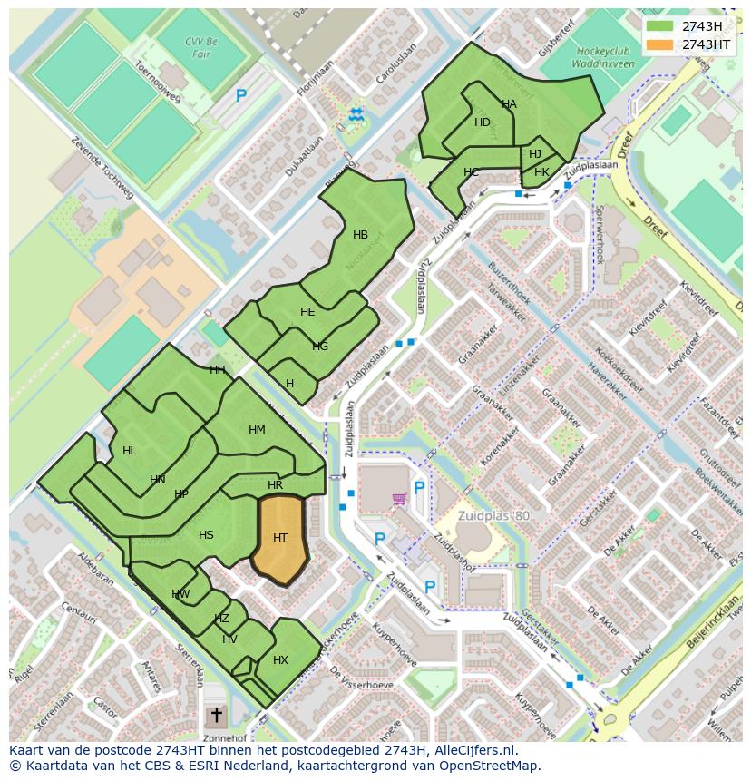 Afbeelding van het postcodegebied 2743 HT op de kaart.