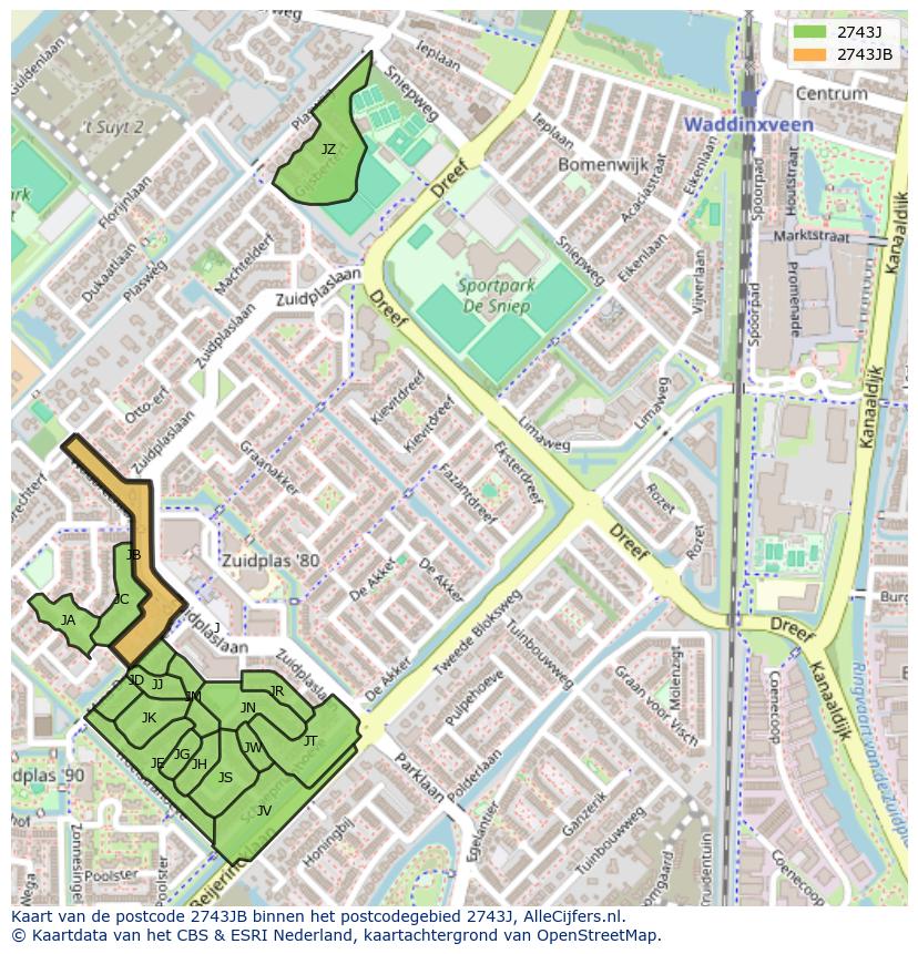 Afbeelding van het postcodegebied 2743 JB op de kaart.