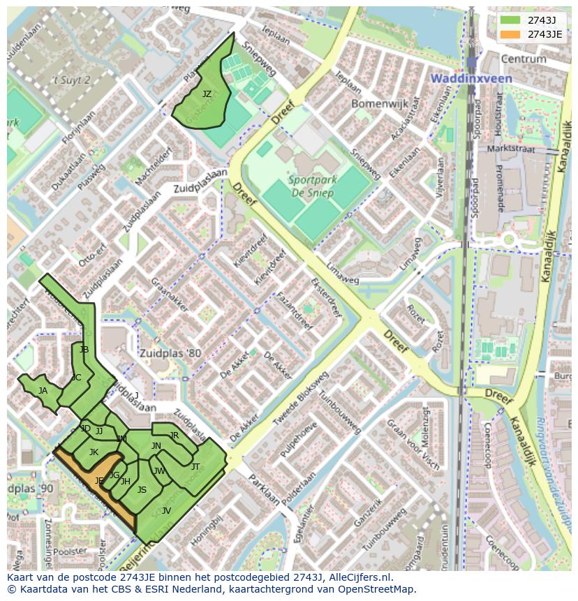 Afbeelding van het postcodegebied 2743 JE op de kaart.