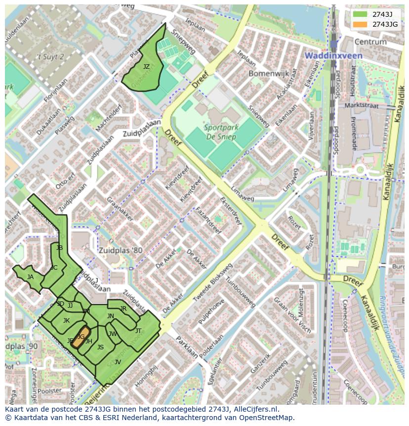 Afbeelding van het postcodegebied 2743 JG op de kaart.