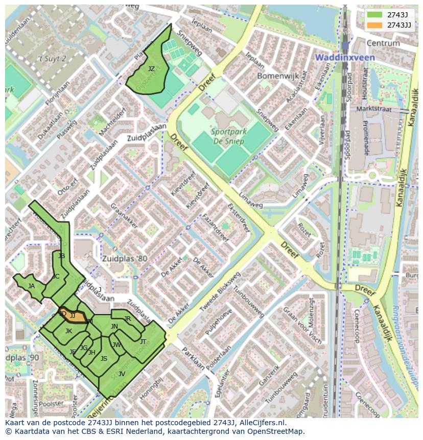Afbeelding van het postcodegebied 2743 JJ op de kaart.