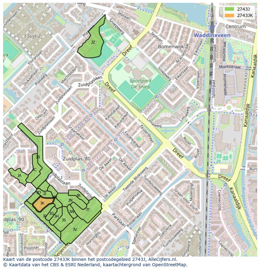 Afbeelding van het postcodegebied 2743 JK op de kaart.