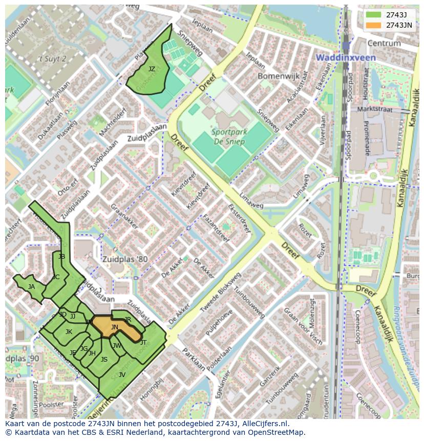 Afbeelding van het postcodegebied 2743 JN op de kaart.