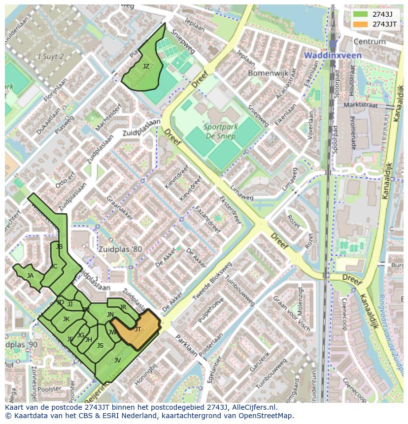 Afbeelding van het postcodegebied 2743 JT op de kaart.