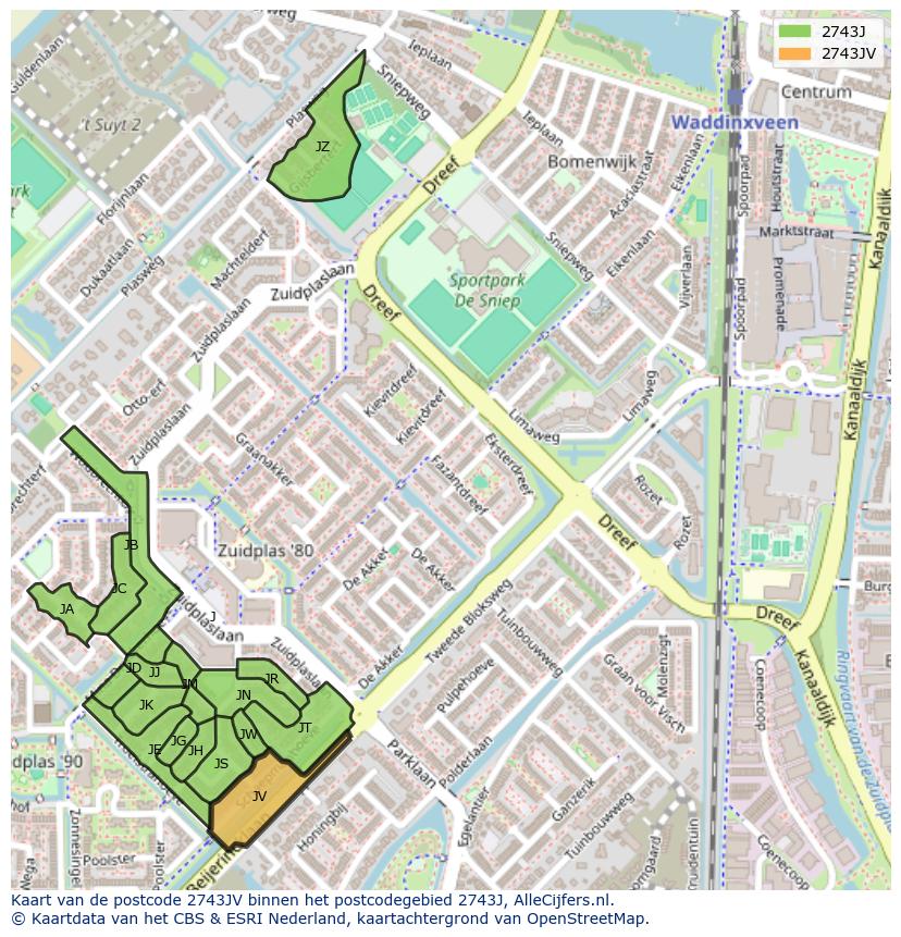 Afbeelding van het postcodegebied 2743 JV op de kaart.