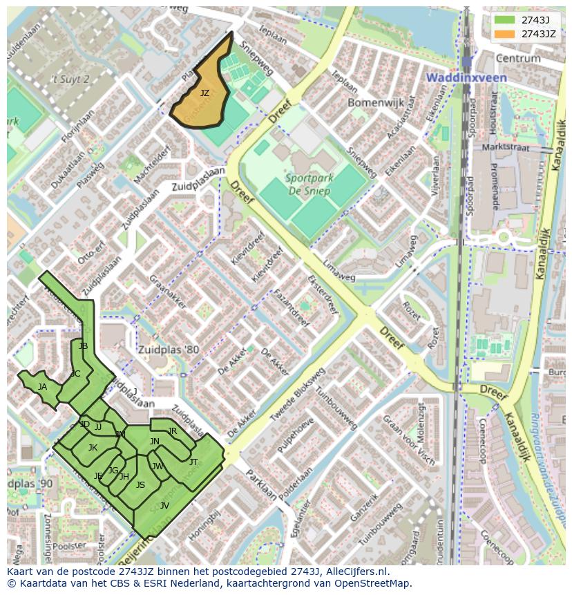 Afbeelding van het postcodegebied 2743 JZ op de kaart.