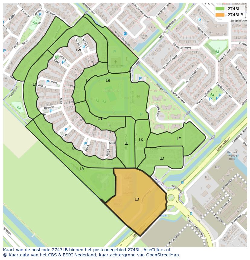 Afbeelding van het postcodegebied 2743 LB op de kaart.