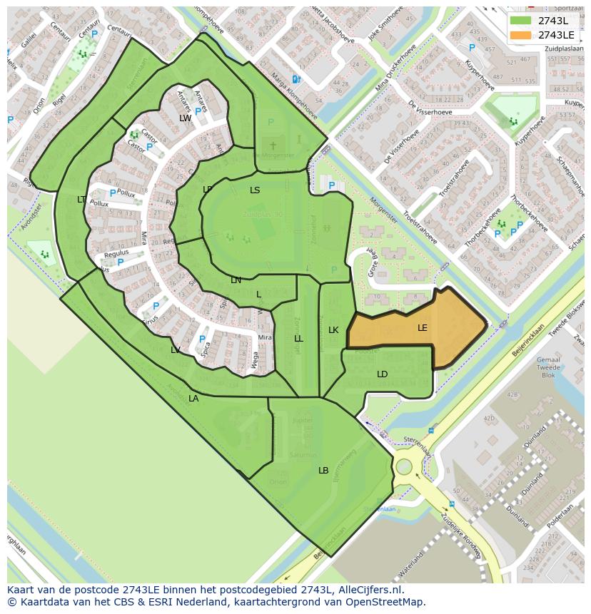 Afbeelding van het postcodegebied 2743 LE op de kaart.
