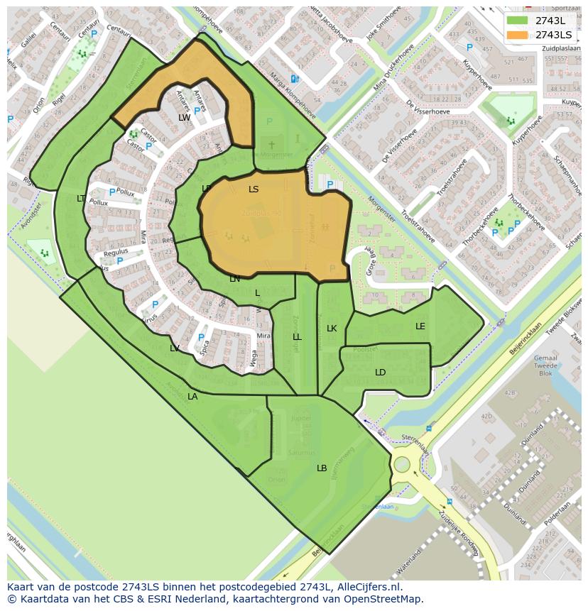 Afbeelding van het postcodegebied 2743 LS op de kaart.