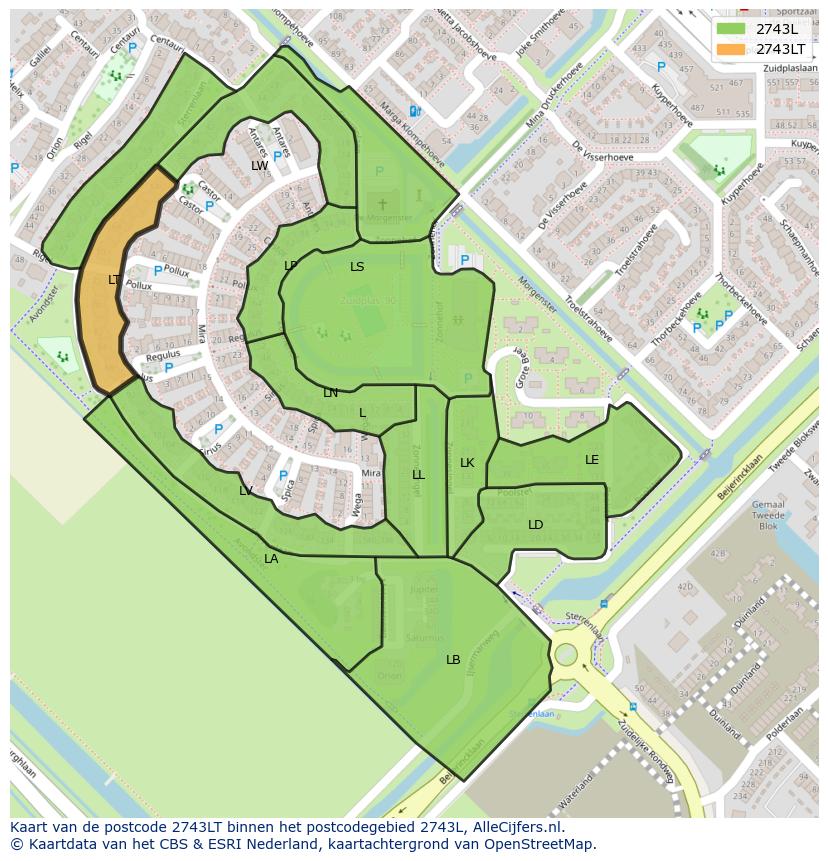 Afbeelding van het postcodegebied 2743 LT op de kaart.