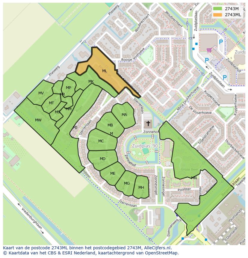 Afbeelding van het postcodegebied 2743 ML op de kaart.