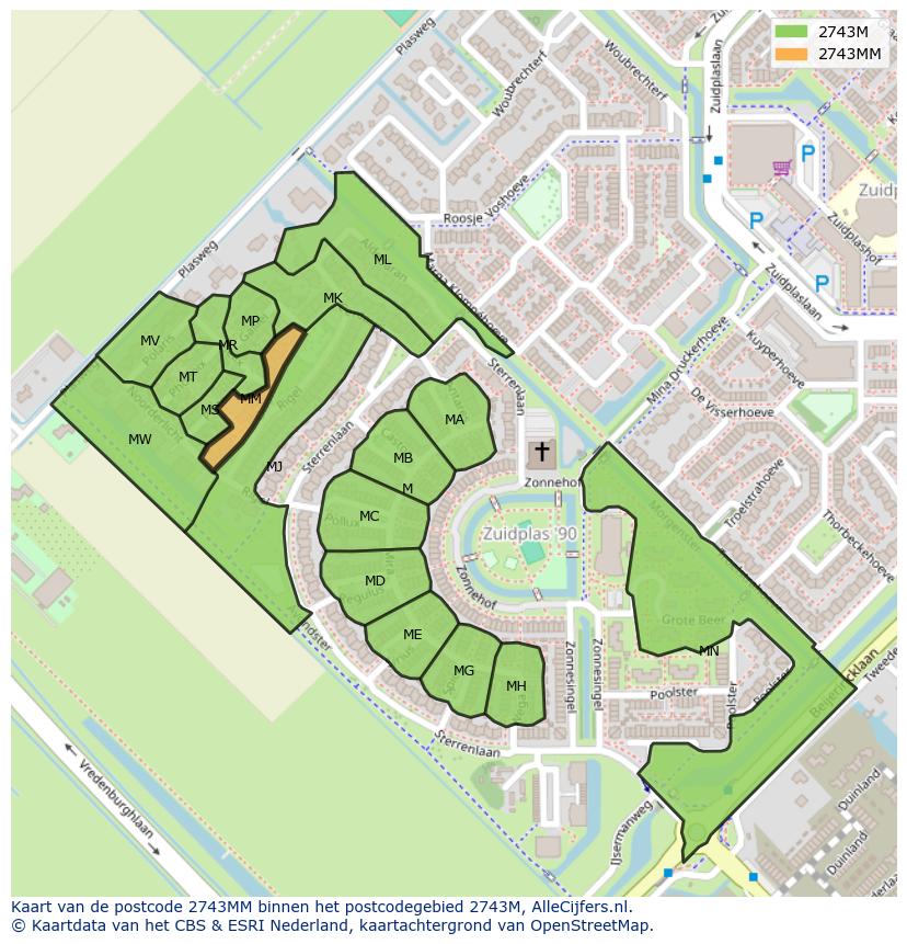 Afbeelding van het postcodegebied 2743 MM op de kaart.