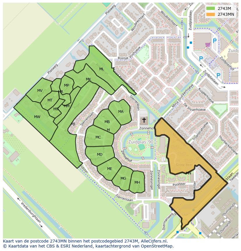 Afbeelding van het postcodegebied 2743 MN op de kaart.