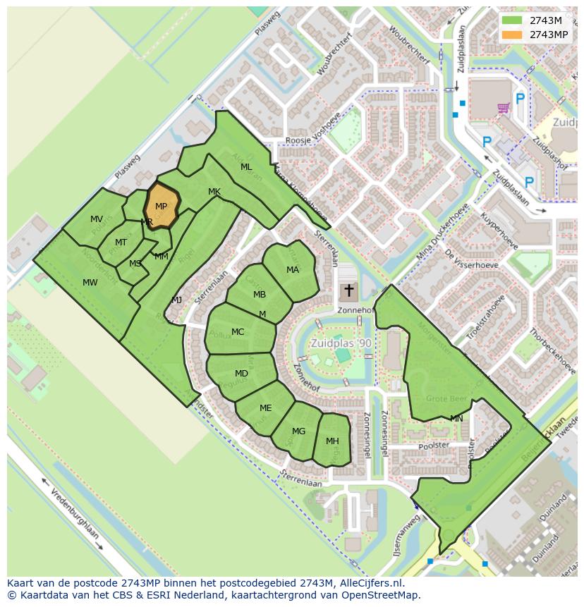 Afbeelding van het postcodegebied 2743 MP op de kaart.