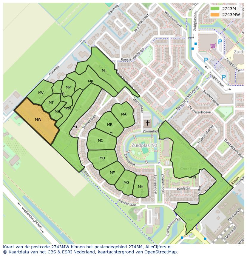 Afbeelding van het postcodegebied 2743 MW op de kaart.