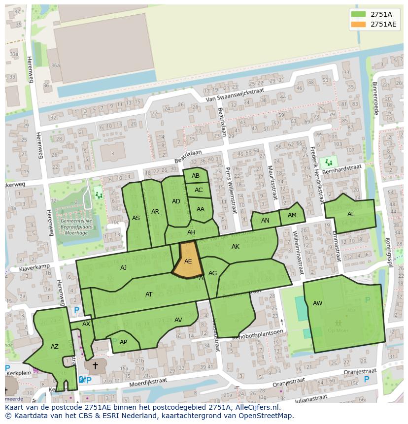 Afbeelding van het postcodegebied 2751 AE op de kaart.