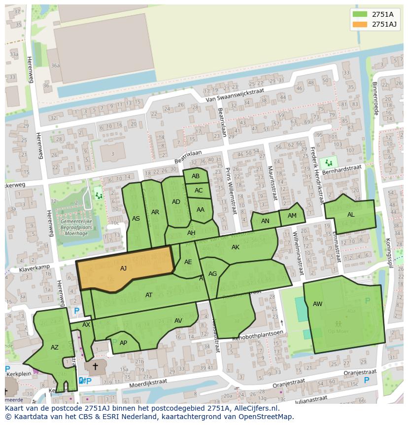 Afbeelding van het postcodegebied 2751 AJ op de kaart.