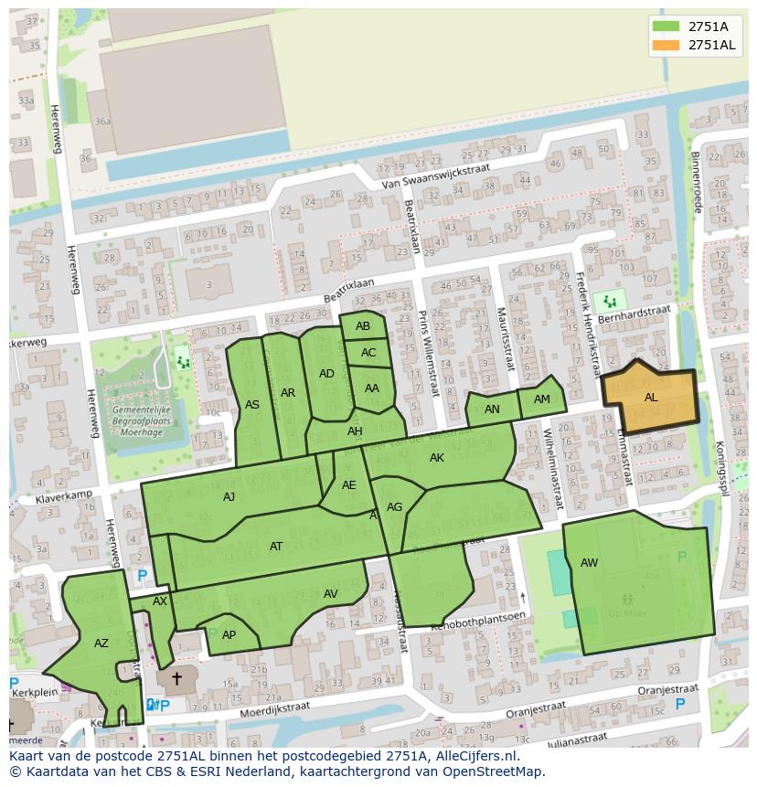Afbeelding van het postcodegebied 2751 AL op de kaart.