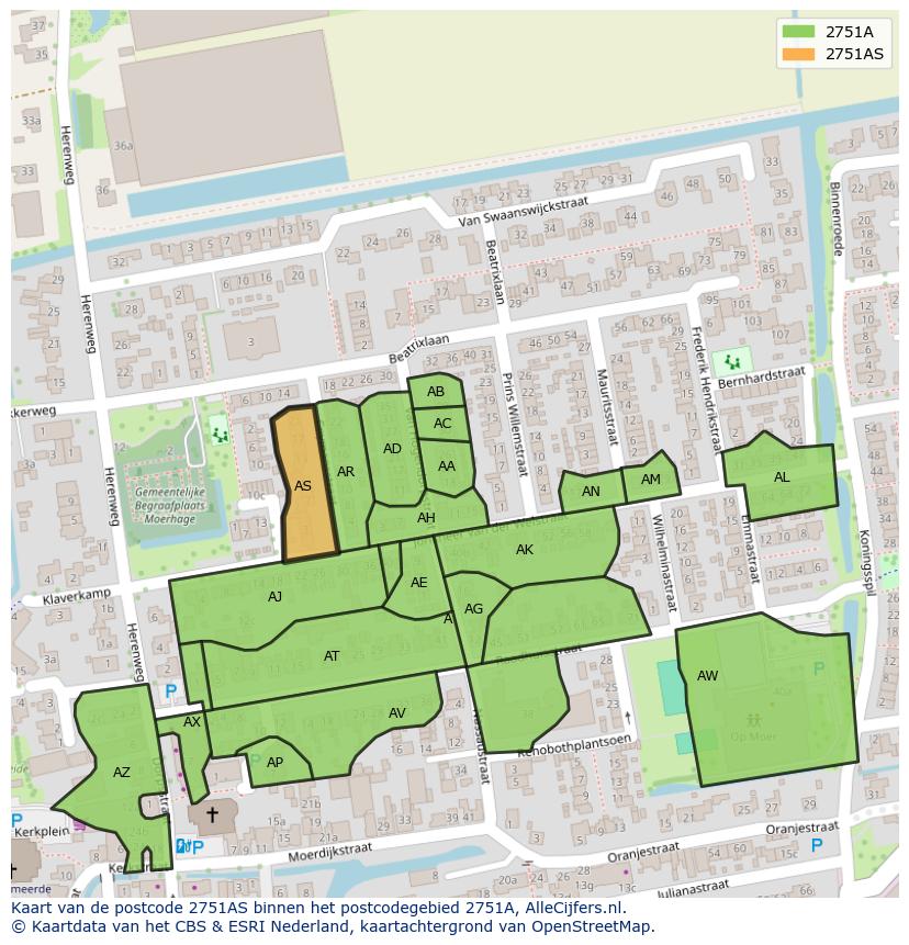 Afbeelding van het postcodegebied 2751 AS op de kaart.