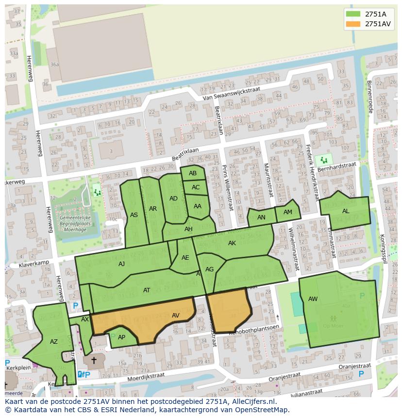 Afbeelding van het postcodegebied 2751 AV op de kaart.
