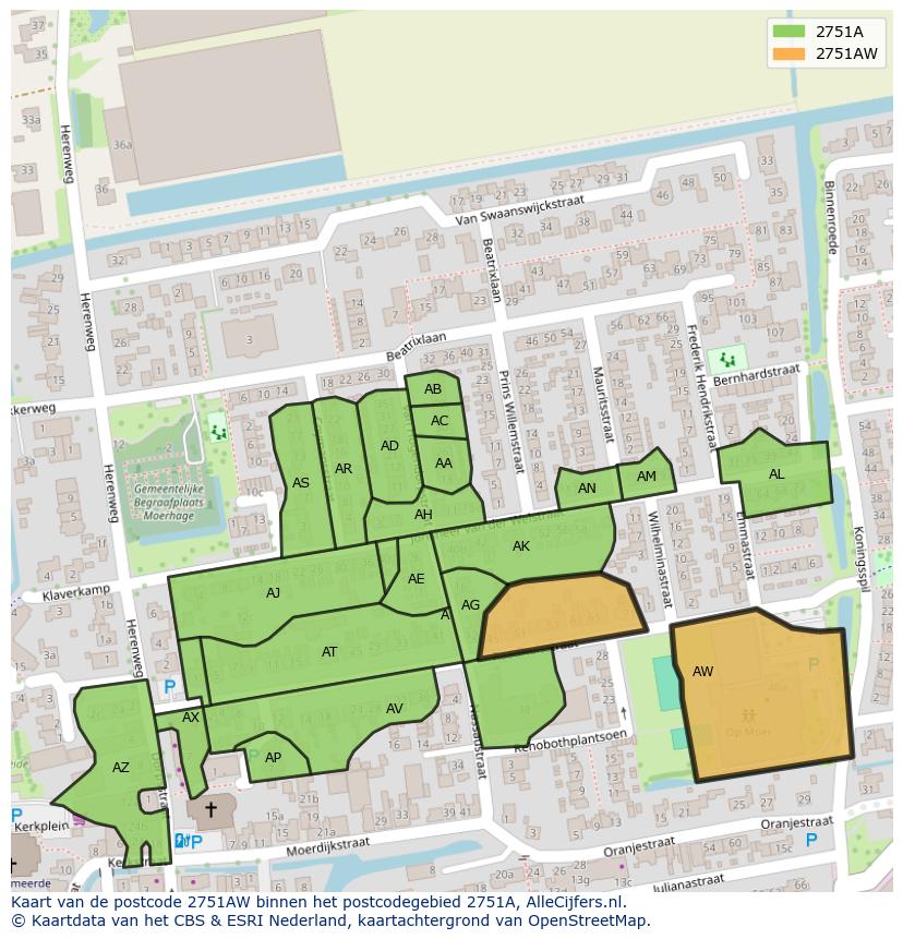 Afbeelding van het postcodegebied 2751 AW op de kaart.