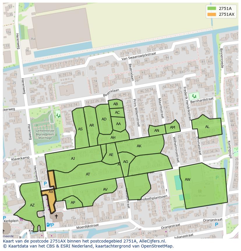 Afbeelding van het postcodegebied 2751 AX op de kaart.