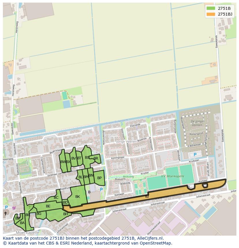 Afbeelding van het postcodegebied 2751 BJ op de kaart.