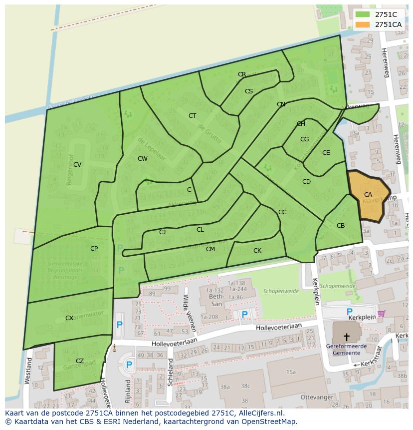 Afbeelding van het postcodegebied 2751 CA op de kaart.