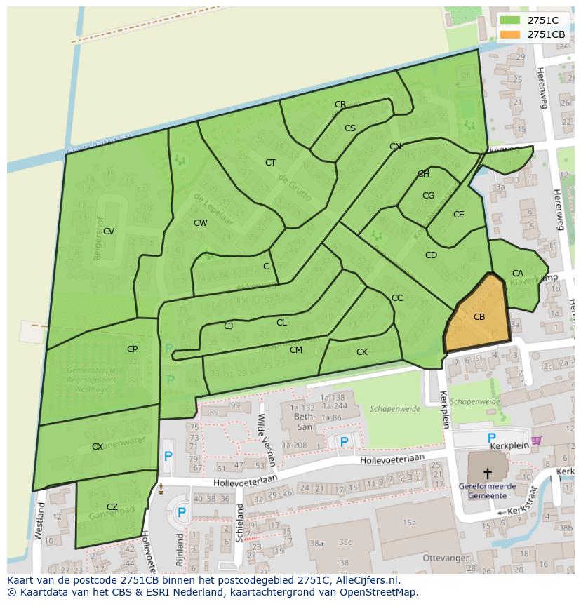 Afbeelding van het postcodegebied 2751 CB op de kaart.