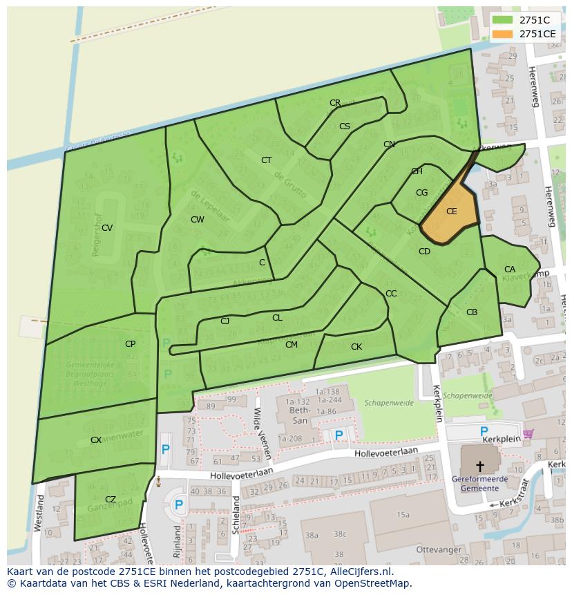 Afbeelding van het postcodegebied 2751 CE op de kaart.