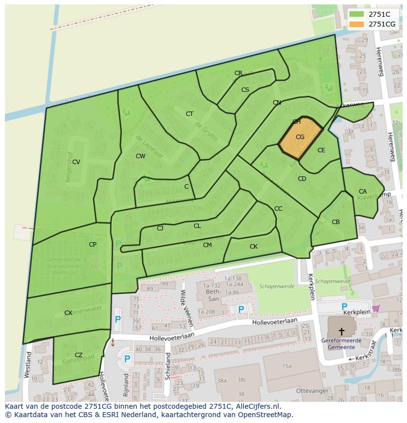 Afbeelding van het postcodegebied 2751 CG op de kaart.