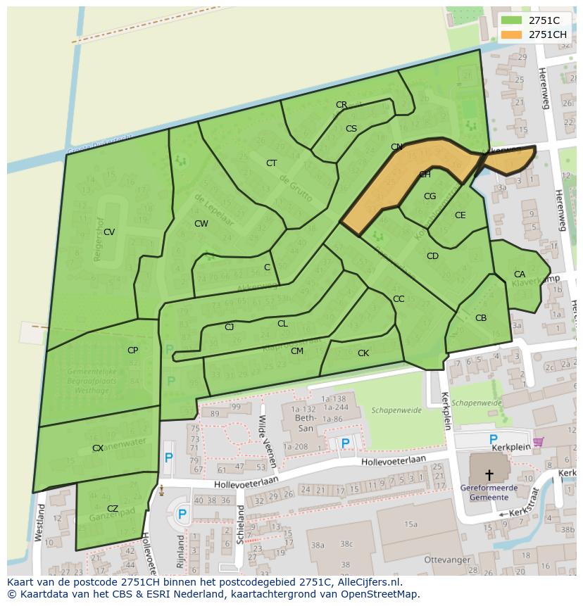 Afbeelding van het postcodegebied 2751 CH op de kaart.